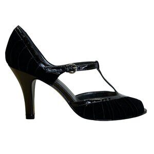 Nine West Women’s Black Suede & Patent Leather T-Strap Rhenium Heels Size 7.5M